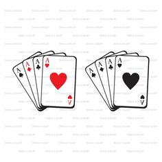 four playing cards with hearts and spades on the top, in black and white