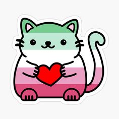 a sticker with a cat holding a heart in it's paws and wearing a striped shirt