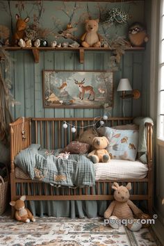 a baby's room with stuffed animals on the wall