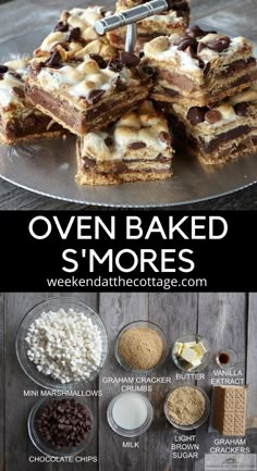 the ingredients for oven baked s'mores are displayed on a metal platter