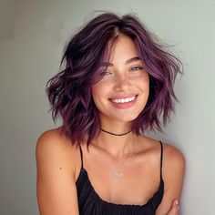 Bob Purple Hair, Violet Short Hair, Bixie 2022, Purple Hair Bob, Choppy Bob Hairstyles For Thick Hair, Highlights For Short Hair, Purple Short Hair, Dark Violet Hair, Curly Pink Hair