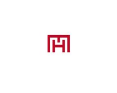 a red and white logo with the letter h