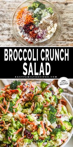 broccoli crunch salad in a bowl with the title above it