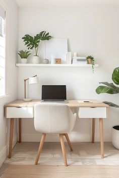 a desk with a laptop on it in front of a potted plant and bookshelf