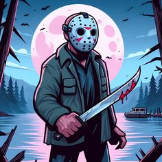 a man with a mask holding a knife in front of a full moon and lake