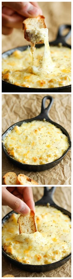 a cast iron skillet filled with cheesy bread