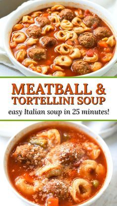 meatball and tortellini soup in a white bowl with the title overlay