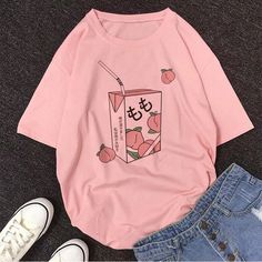 $10.99 USD Cartoon Peach, Pastel Shorts, St Jerome, Japanese Harajuku, Peach Juice, Plaid Shirts, Aesthetic T Shirts, Tumblr Outfits, Aesthetic Shirts