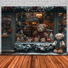 two teddy bears are sitting on the window sill in front of a christmas display