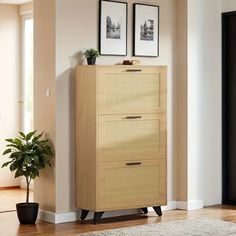 a tall wooden cabinet with two pictures on the wall above it and a potted plant next to it