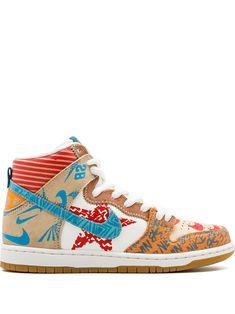 Multicoloured leather SB Zoom Dunk High PREM sneakers from Nike featuring a round toe, a lace fastening and a signature Nike swoosh. These styles are supplied by a premium sneaker and street wear marketplace. Stocking only the most sought-after footwear and clothing, they source and curate some of the most hard-to-find items from around the world. Selvage Denim Jeans, Sb Logo, Shoe Painting, Nike Sb Shoes, Nike Sb Dunk High, Painted Clothing, Sb Dunk High, Selvage Denim, Air Shoes