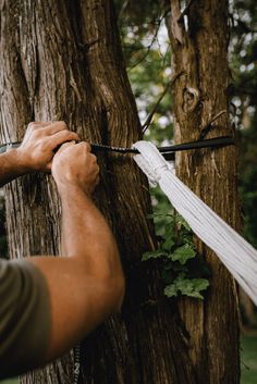 a man is tying a white rope to a tree in the forest with his hands