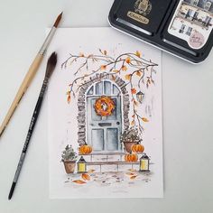 a watercolor painting of a front door with pumpkins and flowers on the table