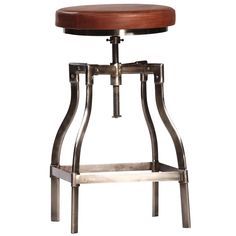 an adjustable stool with wooden seat and metal frame