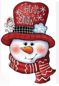 a snowman wearing a red hat and scarf with the words let it snow on it