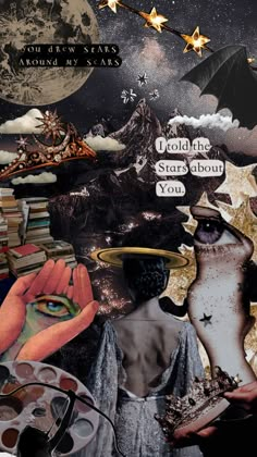 a collage of images with words and stars