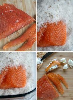 four pictures showing how to cook salmon on a cutting board with salt, butter and pepper