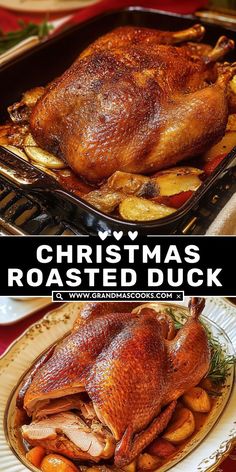 a roasted turkey in a roasting pan with the words christmas roasted duck on it