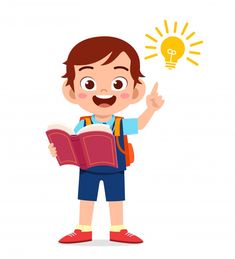 a young boy is reading a book and has an idea light bulb above his head