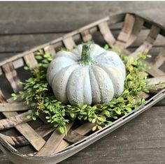 a small white pumpkin sitting on top of a wooden tray filled with green leaves and greenery