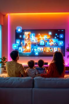 family sitting on couch watching television in living room with colorful lights around the tv screen