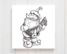 a black and white drawing of a santa clause holding a flower in his hand on a wooden background