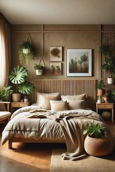 a large bed sitting in a bedroom next to potted plants on either side of the bed