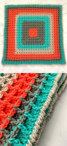 two crocheted rugs sitting next to each other