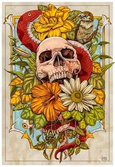 a skull with flowers and birds on it's head in front of a frame