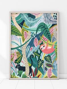 an animal print with tropical leaves and animals in the jungle, on a white wall