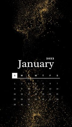 a black and gold wall calendar with the word january written in white on it's side