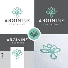 the logo for arginine solutions is shown in four different colors and shapes, including green