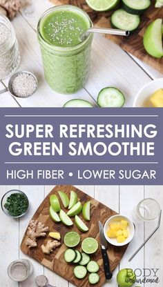 green smoothie with fresh fruits and vegetables on the side