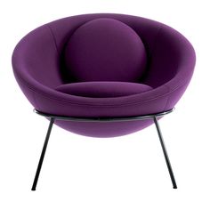 a purple chair with black metal legs and a round cushion on the back, sitting in front of a white background