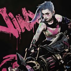 a woman with grey hair and tattoos on her body riding a motorcycle in front of pink graffiti