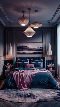 a bedroom with two lamps hanging from the ceiling and a large bed covered in blue sheets