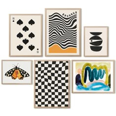 six framed art pieces in various shapes and sizes