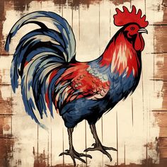 a painting of a rooster standing on top of a wooden floor with planks in the background