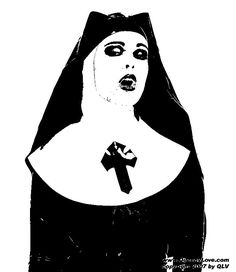 a black and white drawing of a woman with a cross on her chest, wearing a nun costume