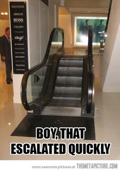 an escalator in a building with the caption well that is associated quickly