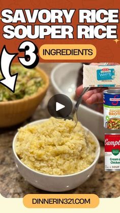 the video shows how to make savory rice in 3 ingredients for soup or rice pudding