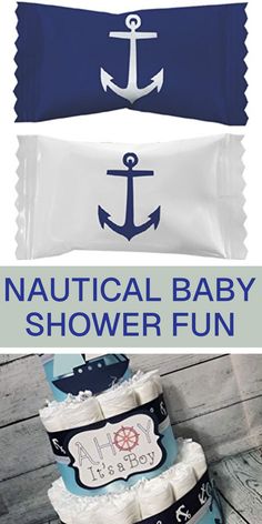 Explore two images showcasing fun nautical baby shower ideas, including playful anchor-themed cupcakes and fishing for pacifier game, perfect for an Ahoy It's a Boy celebration.