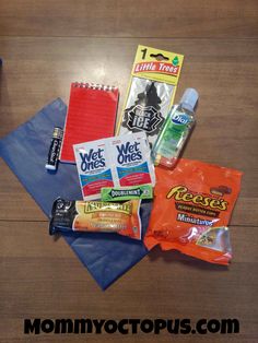 the contents of a snack bag laid out on a table