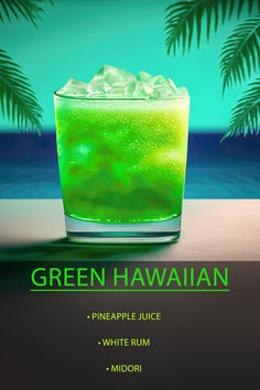 Green Hawaiian Cocktail, Green Alcoholic Drink, Green Alcoholic Drinks, Green Cocktails, Desert Drinks, Bartender Drinks