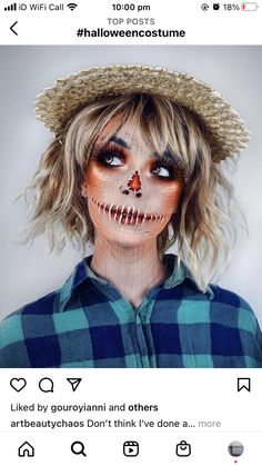 Creepy Scarecrow Makeup, Scarecrow Face Paint, Christmas Present Nail Art, Creepy Scarecrow, Scarecrow Halloween Makeup, Maquillage Halloween Simple, Makeup Ideas For Halloween, Halloween Nail Art Tutorial