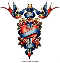 an old school tattoo design with two birds and a heart on the top of it