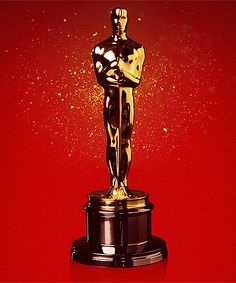 an oscar statue is shown against a red background with gold splatters on it