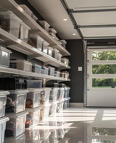 a room filled with lots of plastic containers and bins next to a white door