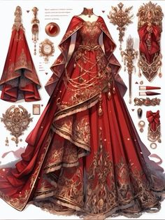 an elaborate red gown with gold trimmings and jewels on the chest, along with other accessories