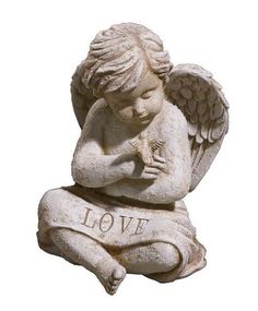 an angel statue with the word love written on it's chest and hands folded in prayer